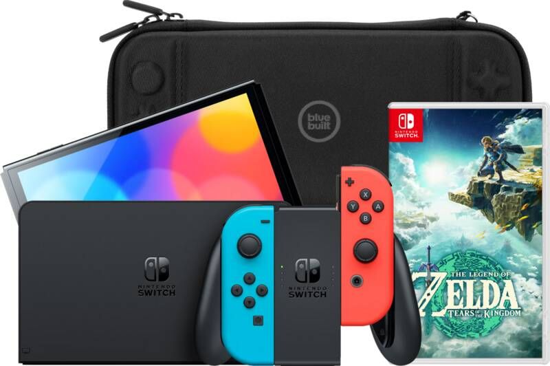 Nintendo Switch OLED Rood Blauw + Zelda: Tears of the Kingdom + BlueBuilt Beschermhoes