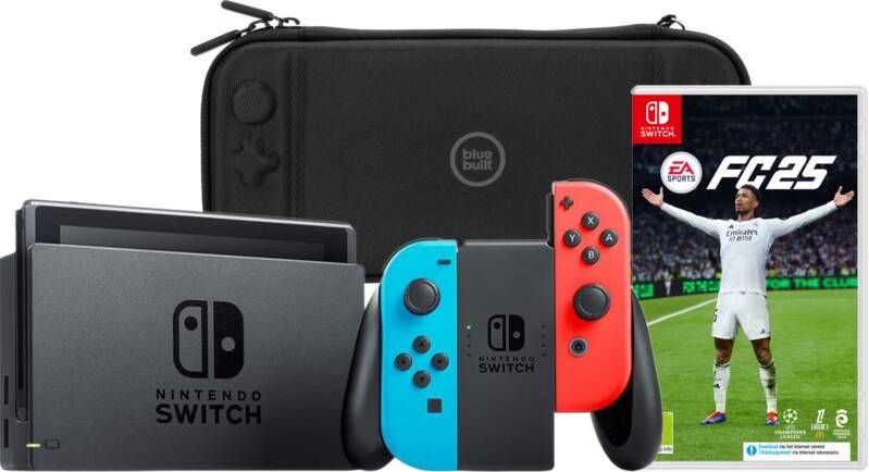 Nintendo Switch Rood Blauw + EA Sports FC 25 + BlueBuilt Beschermhoes