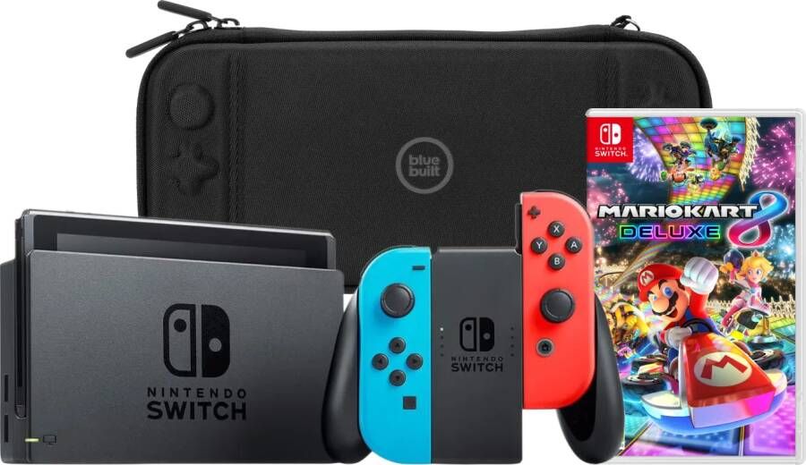 Nintendo Switch Rood Blauw + Mario Kart 8 Deluxe + BlueBuilt Beschermhoes