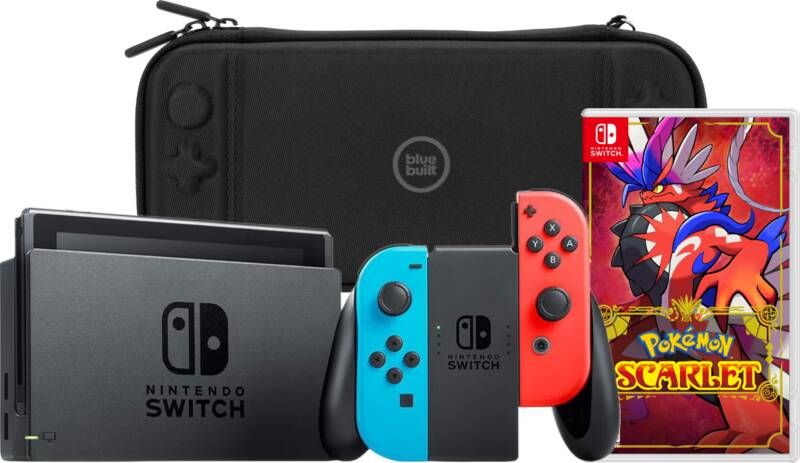 Nintendo Switch Rood Blauw + Pokemon Scarlet + BlueBuilt Beschermhoes