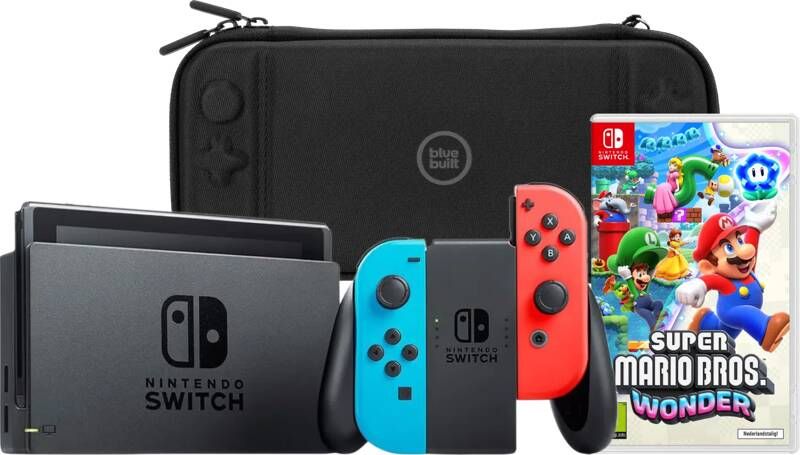 Nintendo Switch Rood Blauw + Super Mario Bros. Wonder + BlueBuilt Beschermhoes