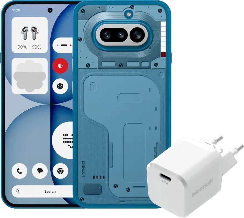 Nothing. Nothing Phone (4a) 256GB Blauw 5G + BlueBuilt Oplader met Usb C Poort 45W Wit