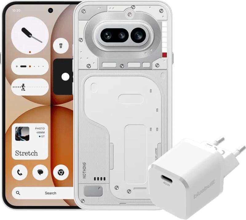 Nothing. Nothing Phone (4a) 256GB Wit 5G + BlueBuilt Oplader met Usb C Poort 45W Wit
