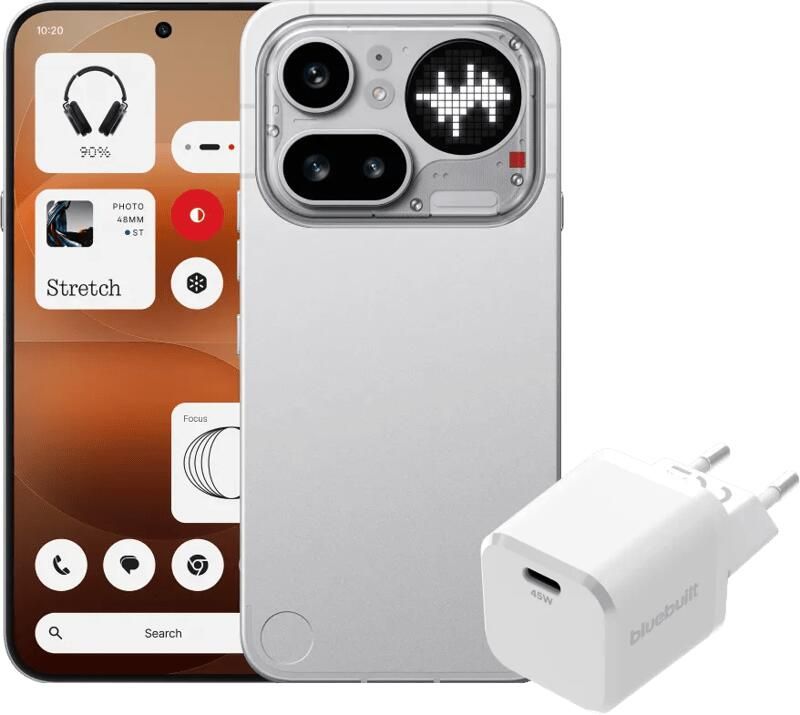 Nothing. Nothing Phone (4a) Pro 128GB Zilver 5G + BlueBuilt Oplader met Usb C Poort 45W Wit