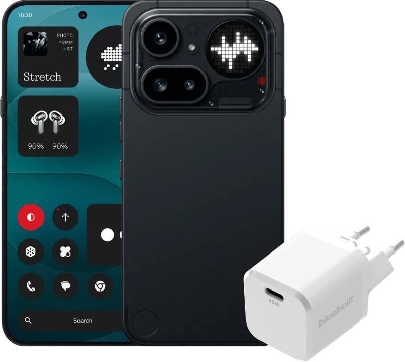 Nothing. Nothing Phone (4a) Pro 256GB Zwart 5G + BlueBuilt Oplader met Usb C Poort 45W Wit