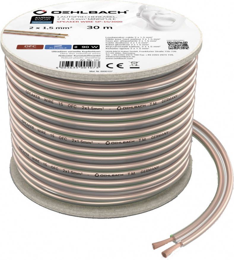 Oehlbach Luidsprekerkabel 2 x 1 5 mm² minihaspel 30 m Luidspreker kabel Transparant