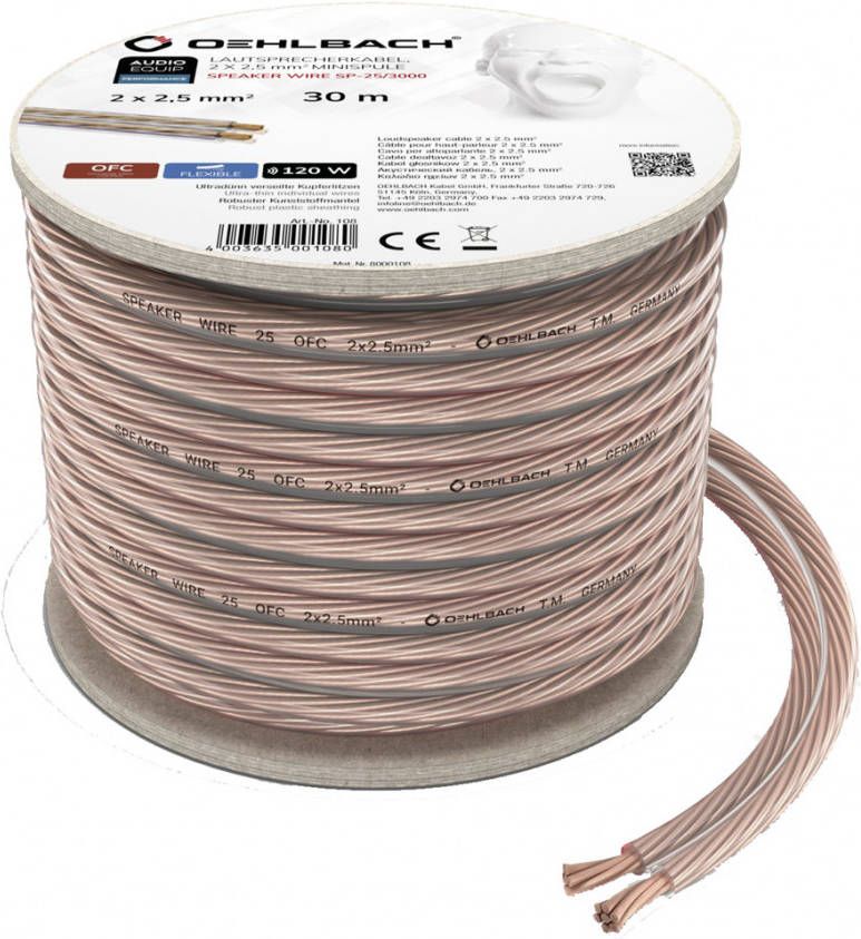 Oehlbach Luidsprekerkabel 2 x 2 5 mm² minihaspel 30 m Luidspreker kabel Transparant