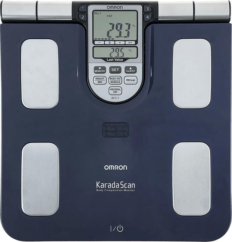 Omron BF511 Slimme Weegschaal met Lichaamsanalyze en Vetpercentage 8 Sensoren voor Beide Handen en Voeten voor Volledige Bio-Elektrische Impedantie Analyze (BIA) Smart Personenweegschaal Digitaal Smart Scale Klinisch Gevalideerd – Blauw
