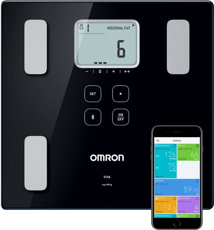 Omron VIVA Slimme Bluetooth Weegschaal met Lichaamsanalyze en Vetpercentage Volledige Bio-Elektrische Impedantie Analyze (BIA) Smart Personenweegschaal Digitaal Smart Scale met Mobiele App Klinisch Gevalideerd – Zwart