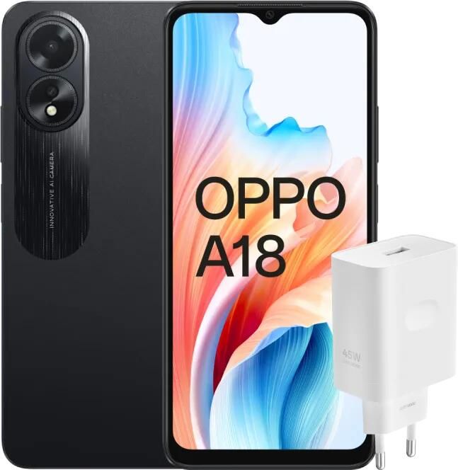 Oppo A18 128GB Zwart 4G + SuperVOOC Oplader 45W