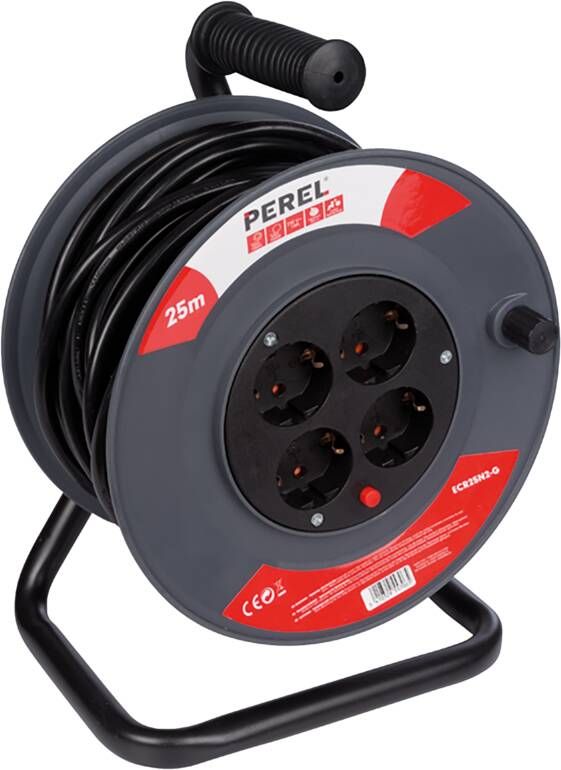 Perel Kabelhaspel gebruik binnenshuis 4 stopcontacten met randaarde thermische beveiliging kabellengte 25 m 3G1.5 grijs