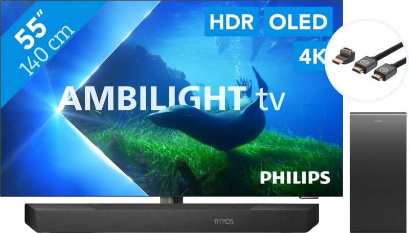 Philips 55OLED808 Ambilight (2023) + Soundbar + Hdmi kabel