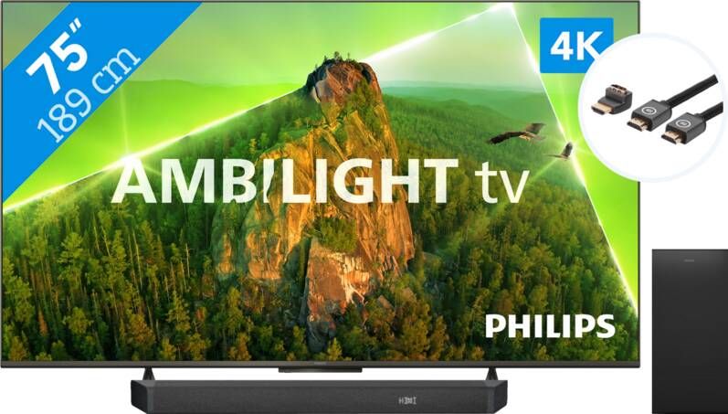 Philips 75PUS8108 Ambilight (2023) + Soundbar + Hdmi kabel
