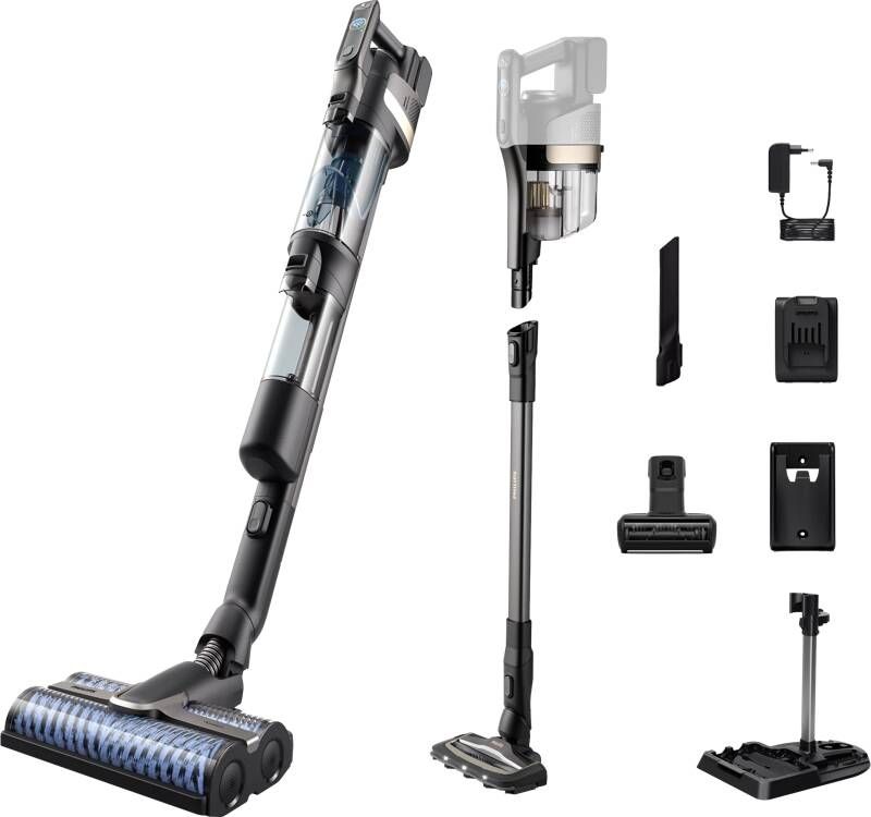 Philips AquaTrio Cordless 9000 Series XW9383 01 Steelstofzuiger Draadloos met Dweilfunctie Zwart + 2 Extra Mondstukken & Vloerreiniger