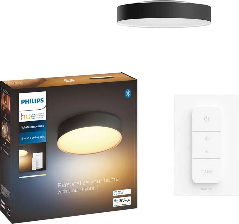 Philips Hue Enrave plafondlamp warm tot koelwit licht zwart 26cm 1 dimmer switch