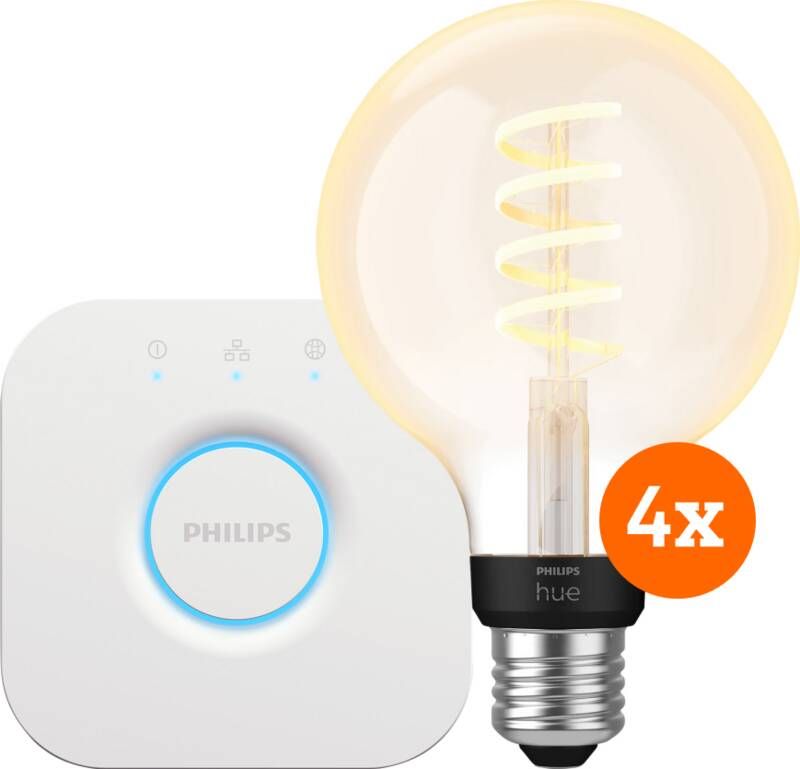 Philips Hue Filament White Ambiance Globe 4-Pack + Bridge