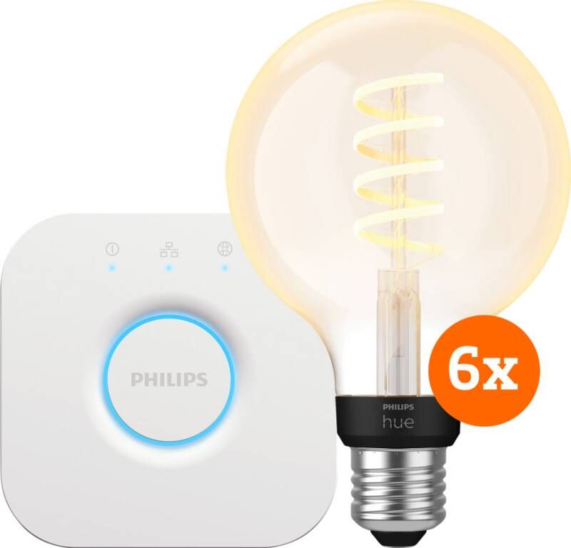 Philips Hue Filament White Ambiance Globe 6-Pack + Bridge