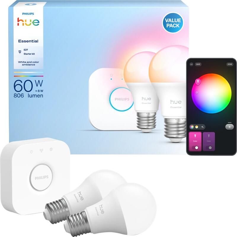 Philips Hue Essential A60 White and Color Starter Pack E27 810lm 2-pack + Bridge