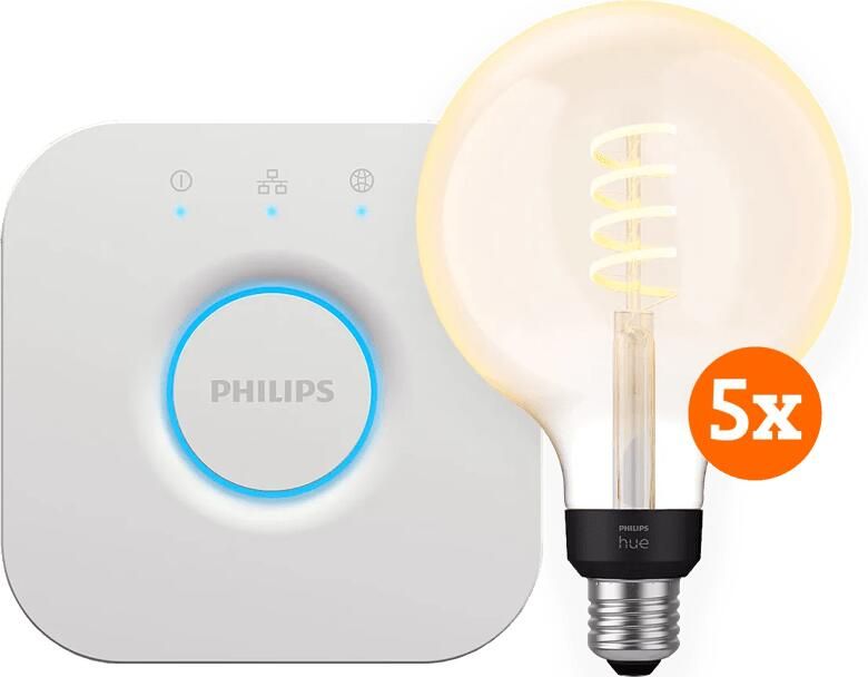 Philips Hue Filament White Ambiance Globe XL 5-Pack + Bridge