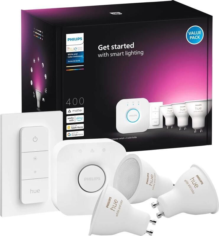 Philips Hue starterkit wit en gekleurd licht 3 lampen 1 dimmer switch GU10