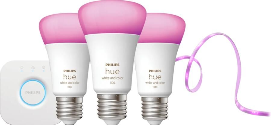 Philips Hue White and Color Startpakket E27 3-pack + Solo Led Strip 3m