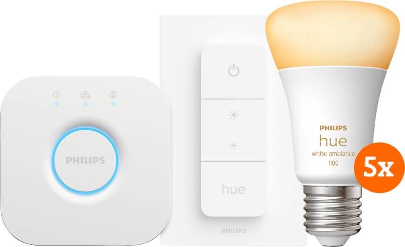 Philips Hue White Ambiance E27 5-pack + dimmer + bridge