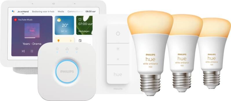 Philips Hue White Ambiance Starter Pack E27 3-pack + dimmer + Bridge + Google Nest Hub 2