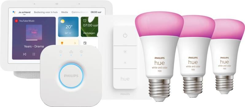 Philips Hue White and Color Starter Pack E27 3-pack + dimmer + Bridge + Google Nest Hub 2