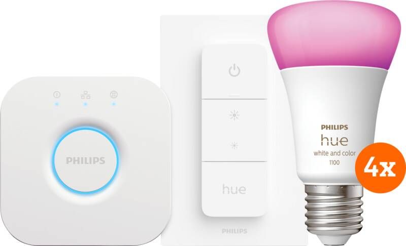 Philips Hue White and Color Starter Pack E27 met 4 lampen dimmer + bridge