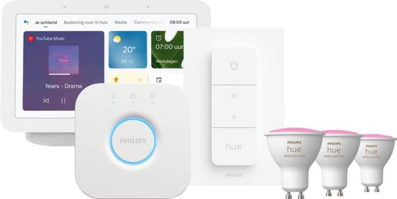 Philips Hue White and Color Starter Pack GU10 3-pack + dimmer + Bridge + Google Nest Hub 2