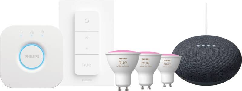 Philips Hue White and Color Starter Pack GU10 3-pack + dimmer + Bridge + Google Nest Mini