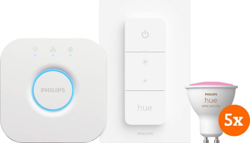 Philips Hue White and Color Starter Pack GU10 met 5 lampen dimmer + bridge