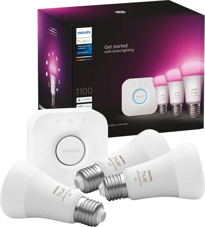 Philips Hue White and Color Ambiance Starterkit E27 Wit en gekleurd licht Slimme bediening met app of stem* Inclusief Hue Bridge