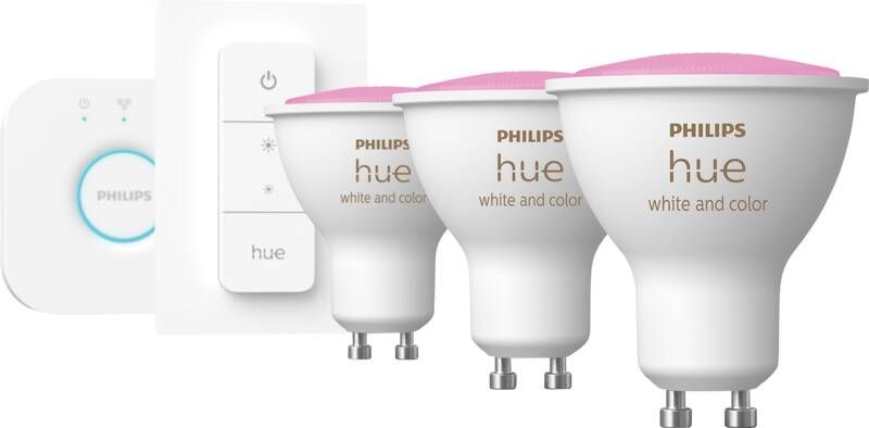 Philips Hue Starterspakket GU10 Spot Lichtbron met Bridge en dimmer switch White and Color Ambiance 3 x 5 7W Bluetooth