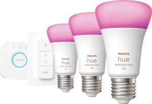 Philips Hue starterspakket E27 Lichtbron met Bridge en 1 Dimmer Switch White and Color Ambiance 3 x 9W Bluetooth
