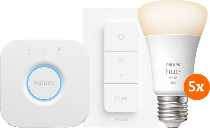 Philips Hue White Starter Pack E27 met 5 lampen dimmer + bridge