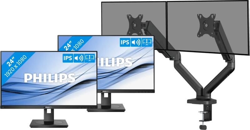 Philips 242B1G 00 Duo Pack + BlueBuilt Monitorarm Mechanische Veer voor 2 Monitoren