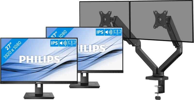 Philips 272B1G 00 Duo Pack + BlueBuilt Monitorarm Mechanische Veer voor 2 Monitoren