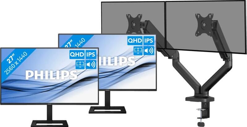 Philips 27E1N1600AE 00 Duo Pack + BlueBuilt Monitorarm Mechanische Veer voor 2 Monitoren