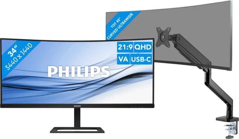Philips 3000 series 34B2U3600C 00 Curved + BlueBuilt Monitorarm voor 1 Ultrawide Monitor