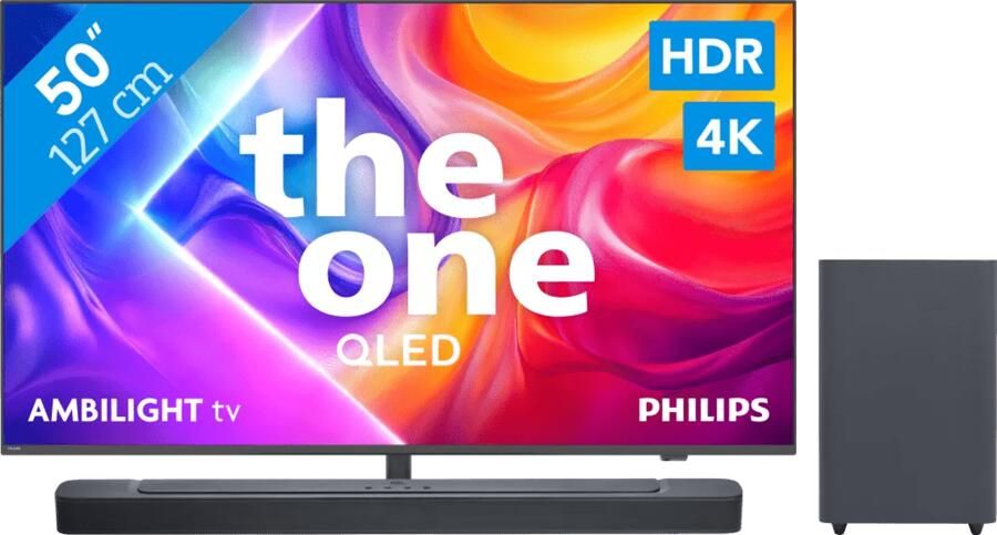 Philips Ambilight 50" PUS9000 QLED 4K (2025) + JBL Bar 2.1 Deep Bass MK2 Zwart