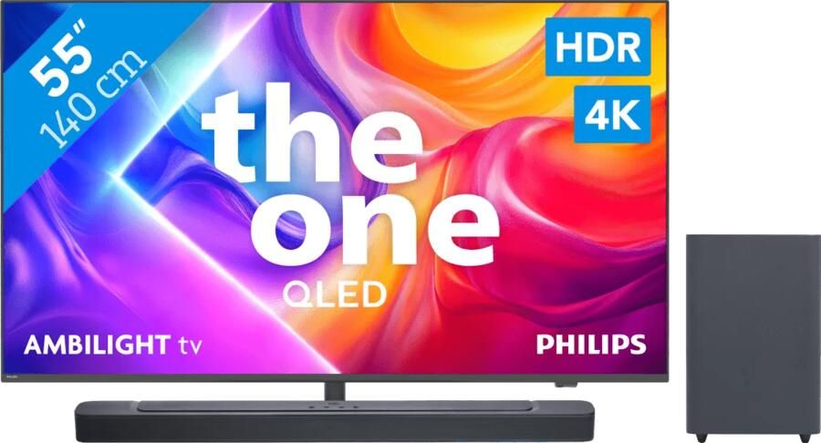 Philips Ambilight 55" PUS9000 QLED 4K (2025) + JBL Bar 2.1 Deep Bass MK2 Zwart