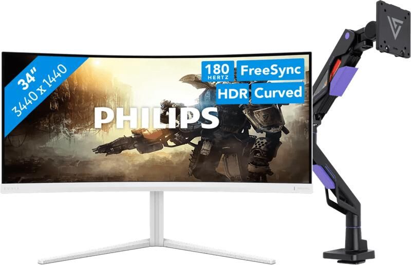 Philips Evnia 34M2C5501A 00 Curved + Vortech Monitorarm met