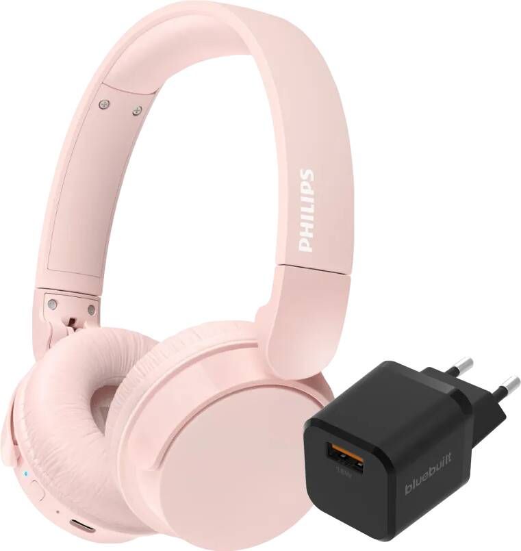 Philips TAH4209 Roze + BlueBuilt Quick Charge Oplader met Usb A Poort 18W Zwart