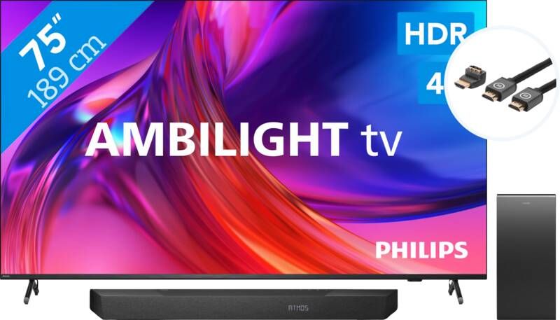 Philips The One 75PUS8808 Ambilight (2023) + Soundbar + Hdmi kabel