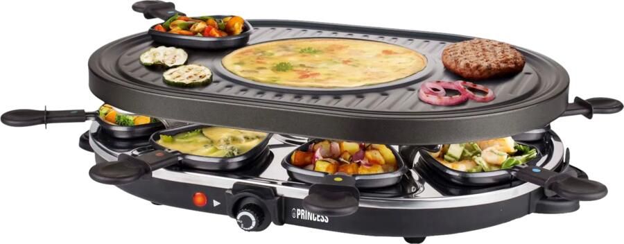 Princess Gourmetstel 162700 Raclette Oval Grill Party Speciaal crêpegedeelte 8 personen 43 x 30 cm 2 meter snoer 1200W Regelebare thermostaat 8 pannetjes