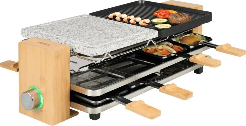 Princess 162955 Raclette en Steengrill Pure 8 Bamboe Regelbare thermostaat 1300W 2 grillplaten en extra Steengrill 8 pannetjes 2 meter snoer Parking deck voor ongebruikte pannetjes