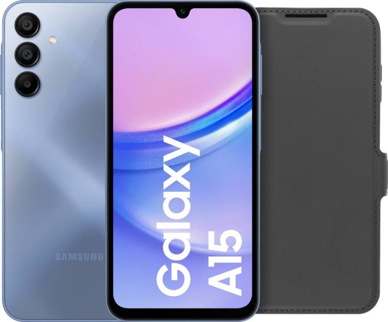 Samsung Galaxy A15 128GB Blauw 4G + BlueBuilt Book Case Zwart