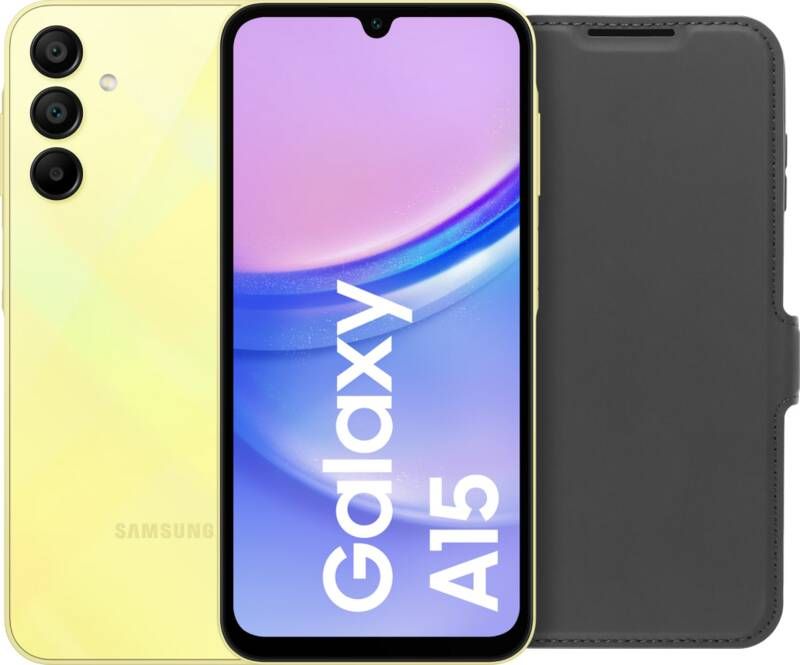 Samsung Galaxy A15 128GB Geel 5G + BlueBuilt Book Case Zwart