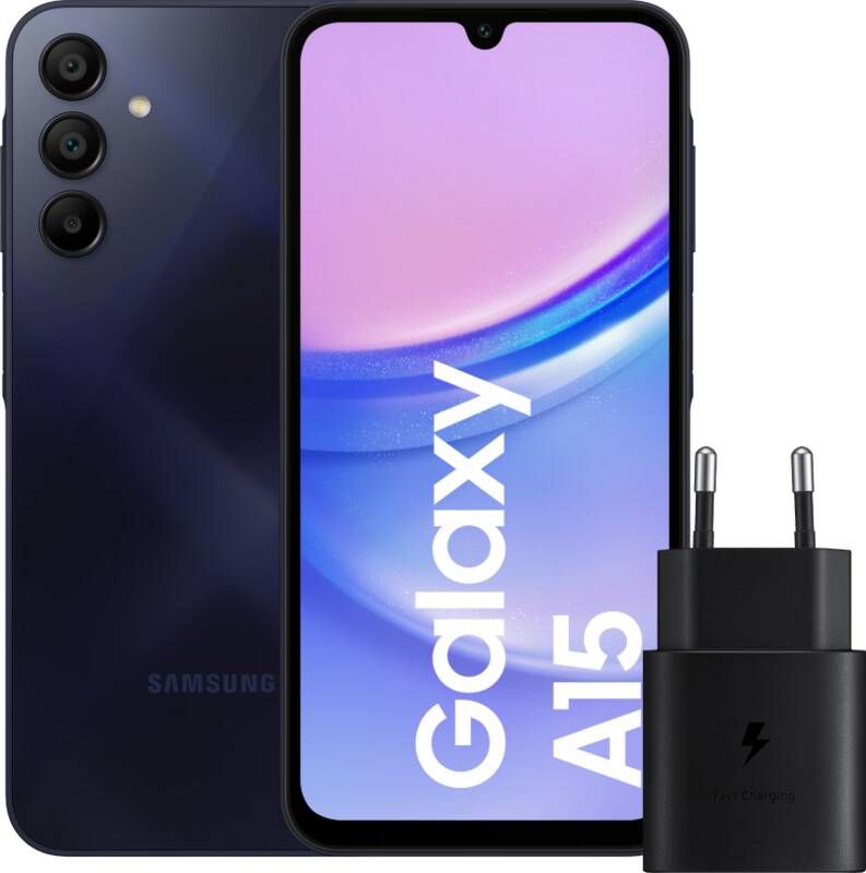 Samsung Galaxy A15 128GB Donkerblauw 5G + Oplader 25 Watt Zwart